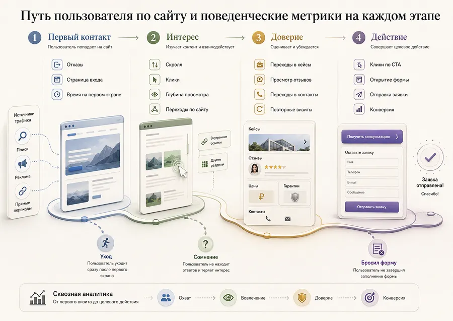Путь пользователя по сайту и поведенческие метрики на каждом этапе